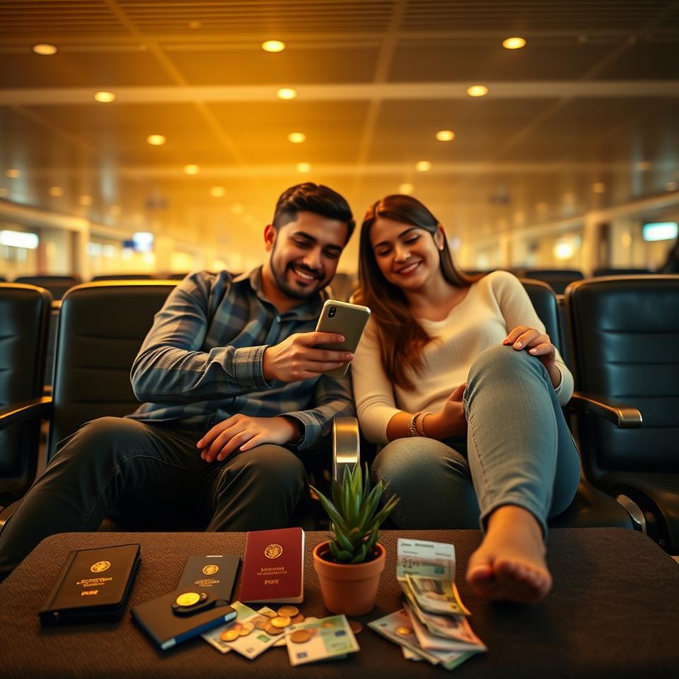 Pareja en el aeropuerto revisando su envio de dinero antes de viajar